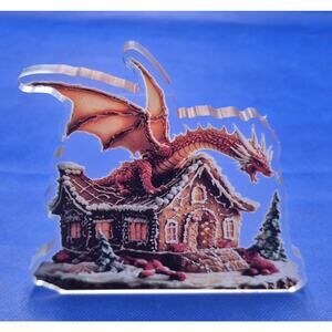 Red Dragon on Gingerbread House Acrylic Figurine Decor 6x5"